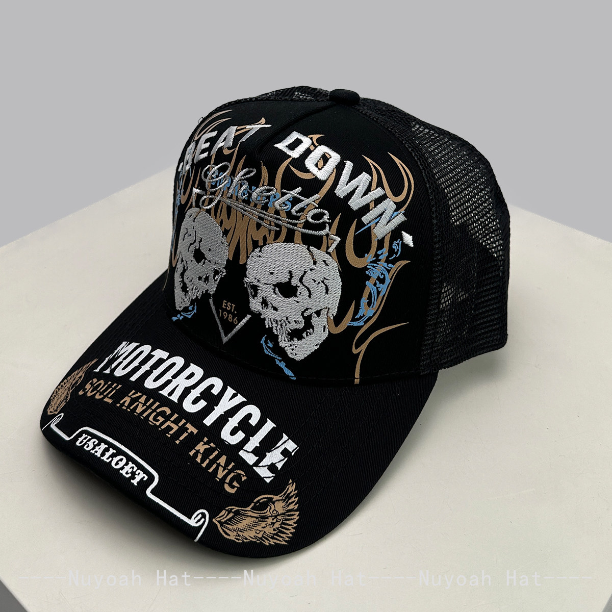 Trucker Hat Cap - Skull Flame Embroidery Hard Top Trucker