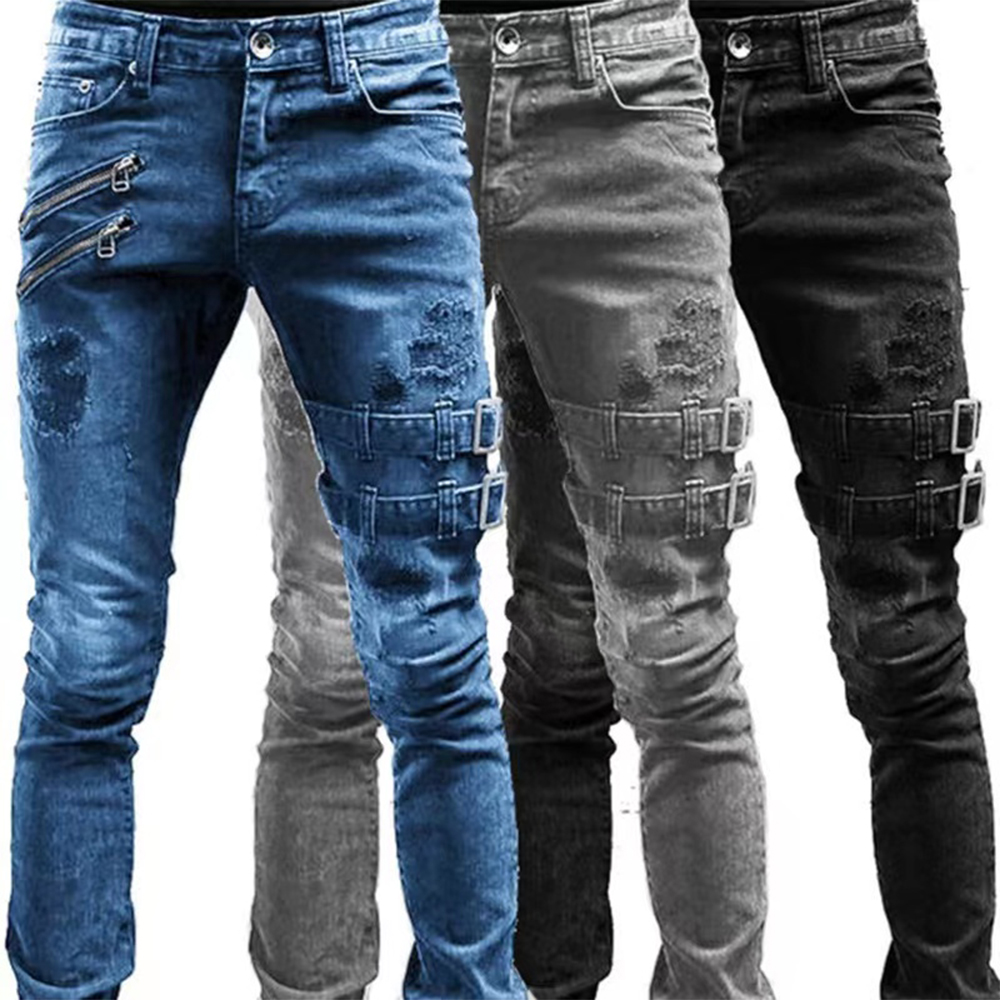 Skinny Jeans Ripped - Retro Moto Biker Straight Elastic Jeans