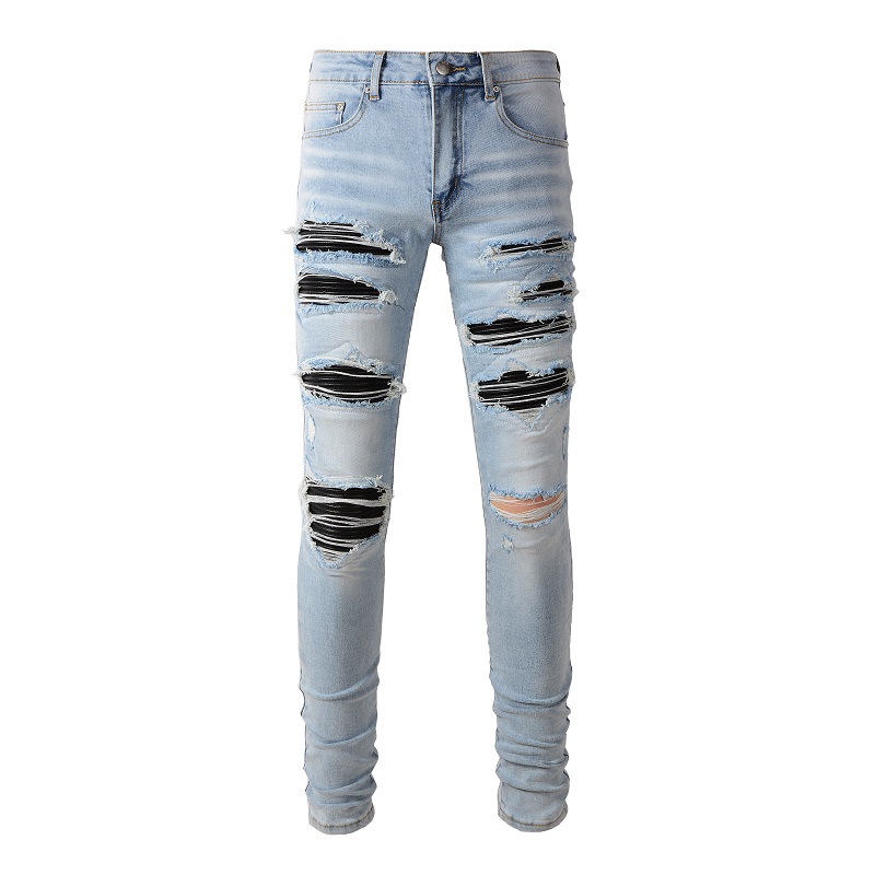 Skinny Jeans Ripped - Men Black Pleated Patch Biker Jeans