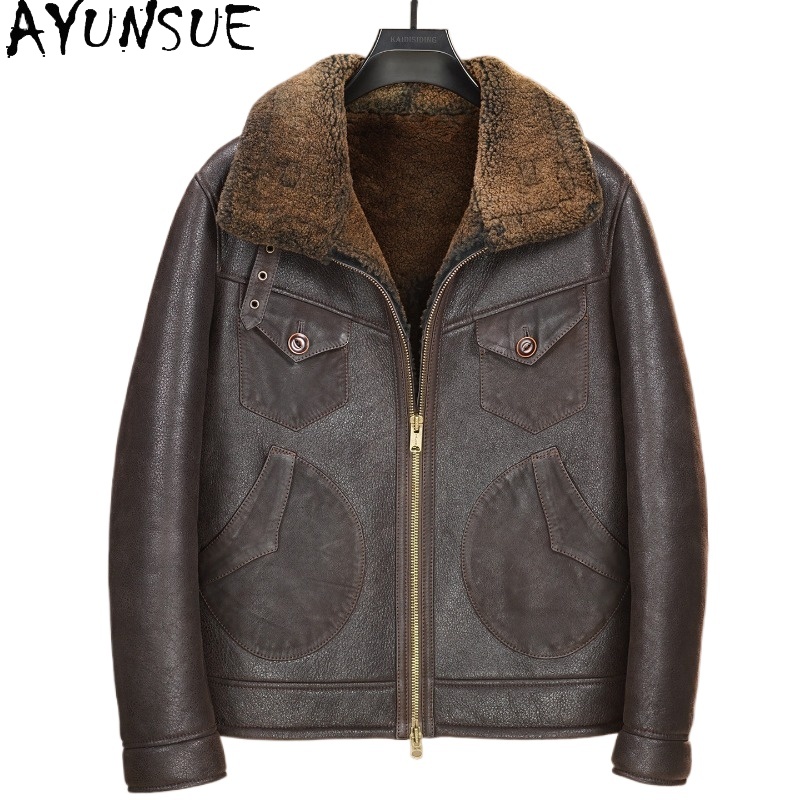AYUNSUE 100% Natural Fur Coat  - Men'S Fashion Leather Jacket recension och pris